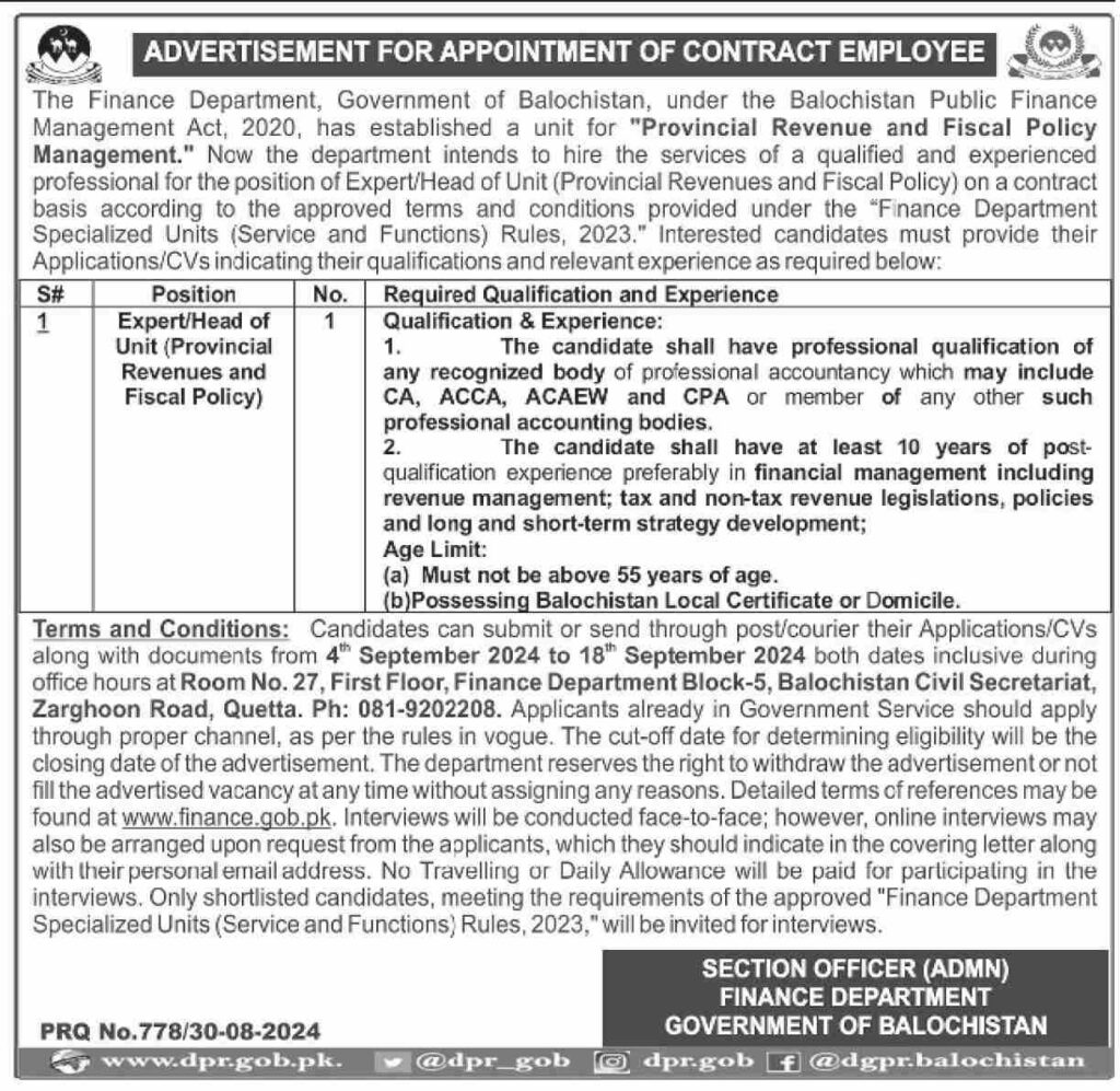 Finance Department Govt of Balochistan Jobs Oppotunities 2024