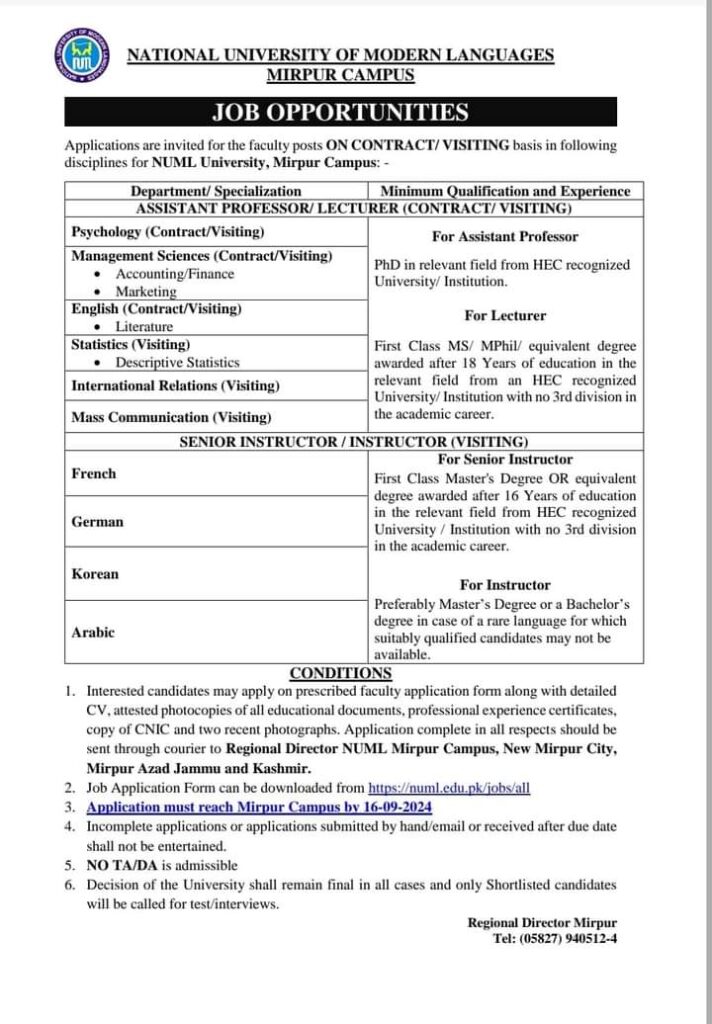 National University of Modren Language NUML Jobs 2024 Latest