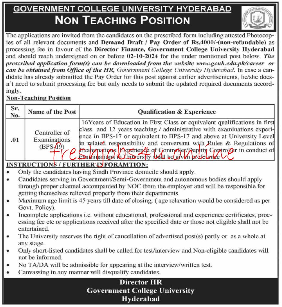 Government College University Hyderabad Jobs Opportunities Latest 2024 for Non Teaching Positions