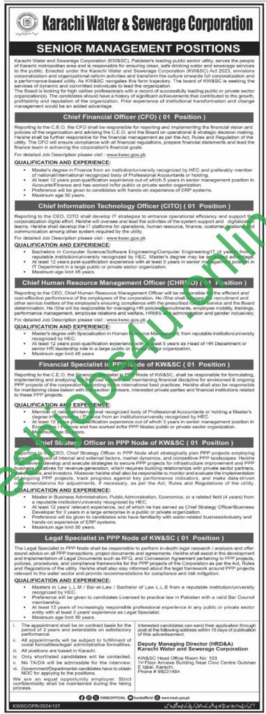 Karachi Water & Sewerage Corporation Karachi Jobs 2025 Check Advertisement, Posts Qualification and Other Details