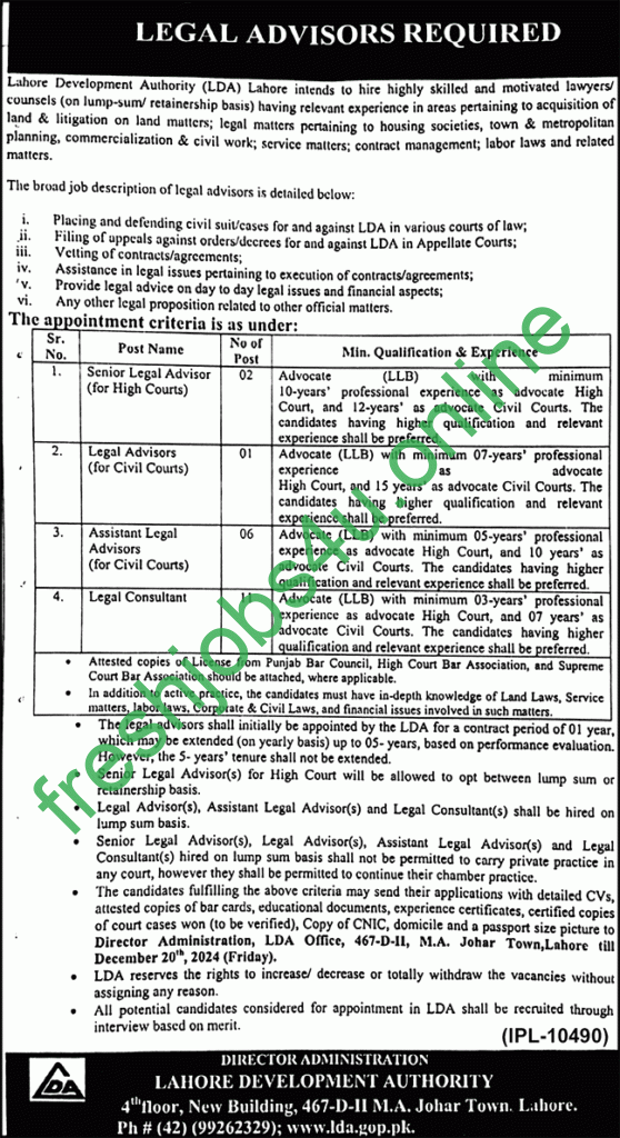 Lahore Development Authority LDA New Jobs Latest for Legal Advisor