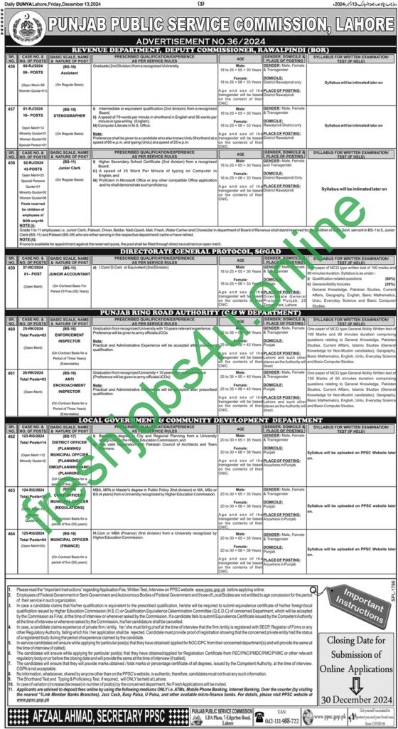 Punjab Public Service Commission Lahore Jobs 2024 Latest