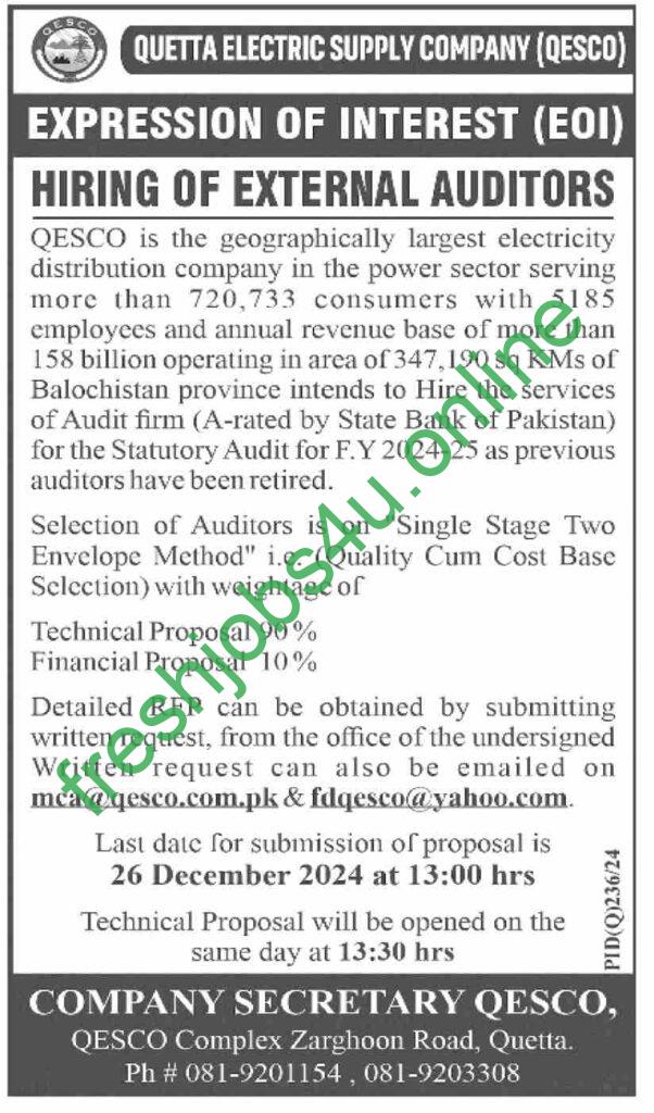 Quetta Electric Supply Company QESCO New Jobs for External Auditor