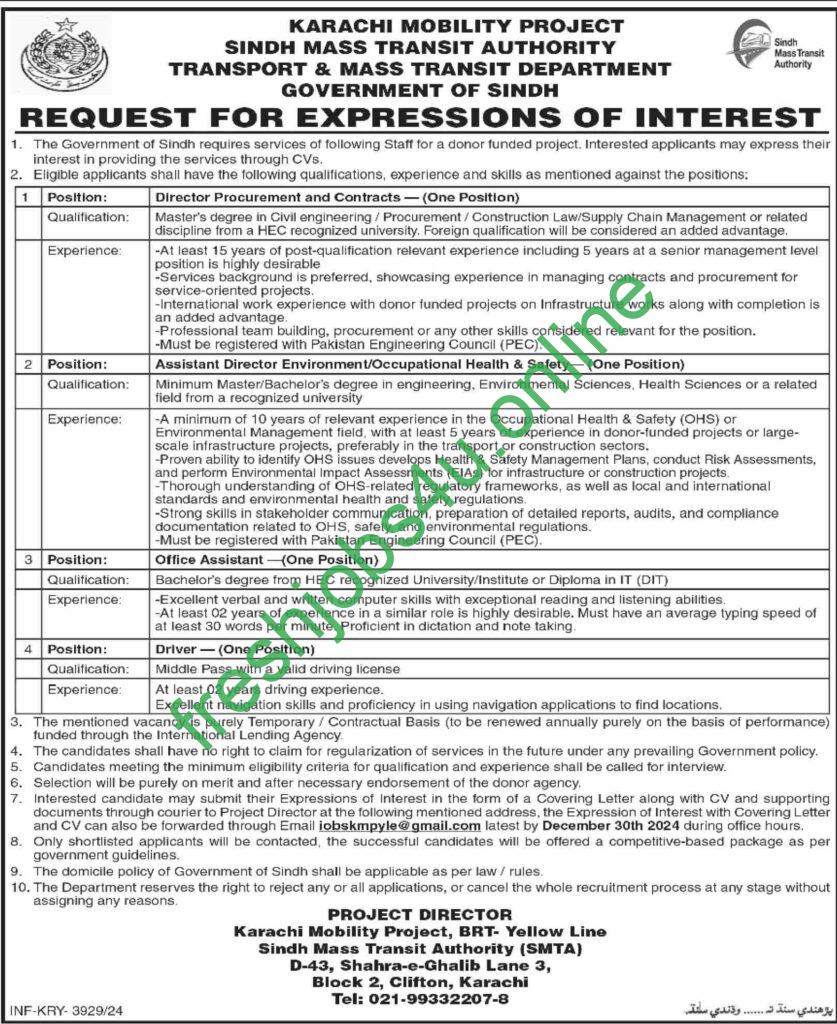 Sindh Mass Transit Authority SMTA New Jobs Latest for Director Procurement & Contract, Assistant Director Environment, Office Assistant