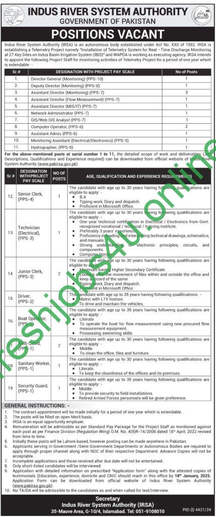 Indus River System Authority IRSA Jobs 2025 Explore new Career opportunities Application