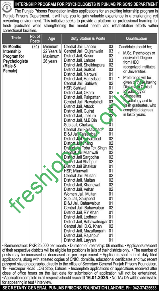 Internship Program Punjab Prisons Department Jobs January 2025 in Pakistan