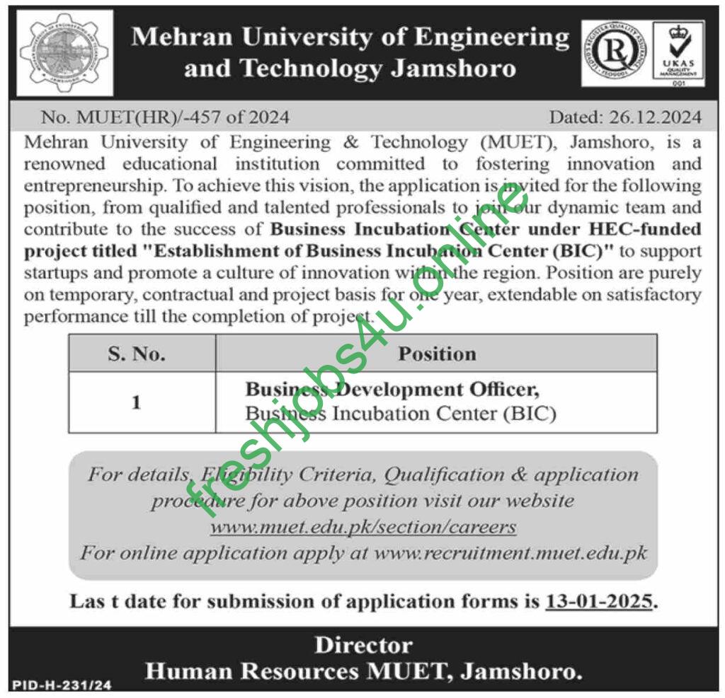 Mehran University of Engineering & Technology MUET Jobs January 2025 in Pakistan