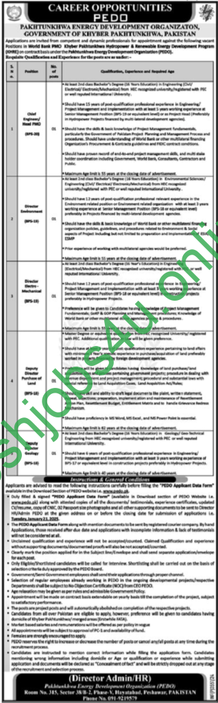 Pakhtunkhwa Energy Development Organization PEDO Jobs January 2025 in Pakistan